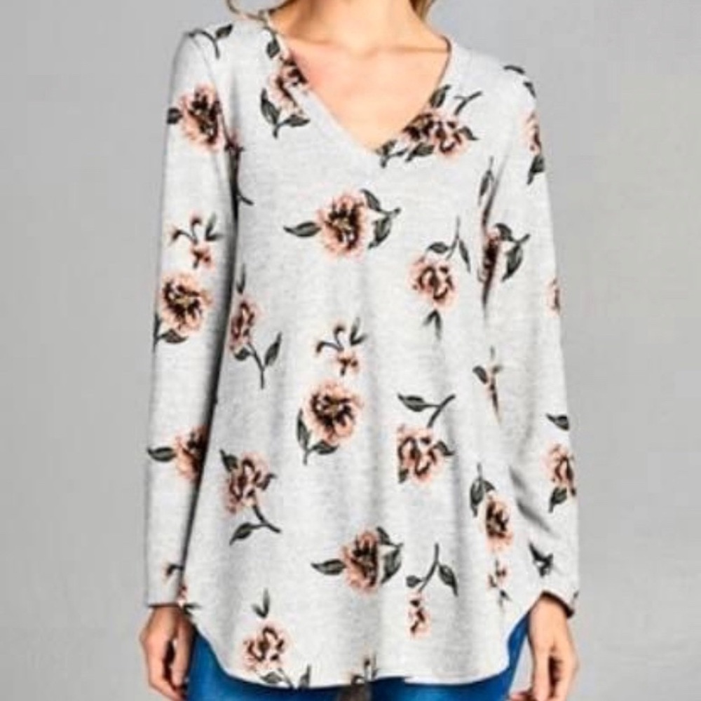 Emerald Grey Floral Hacci Brushed Tunic Tee